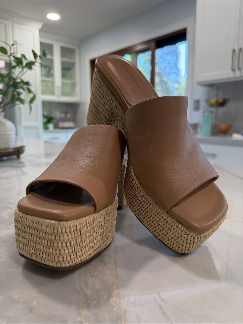 Farylrobin Brown Tan Raffia Platform Slide Wedges